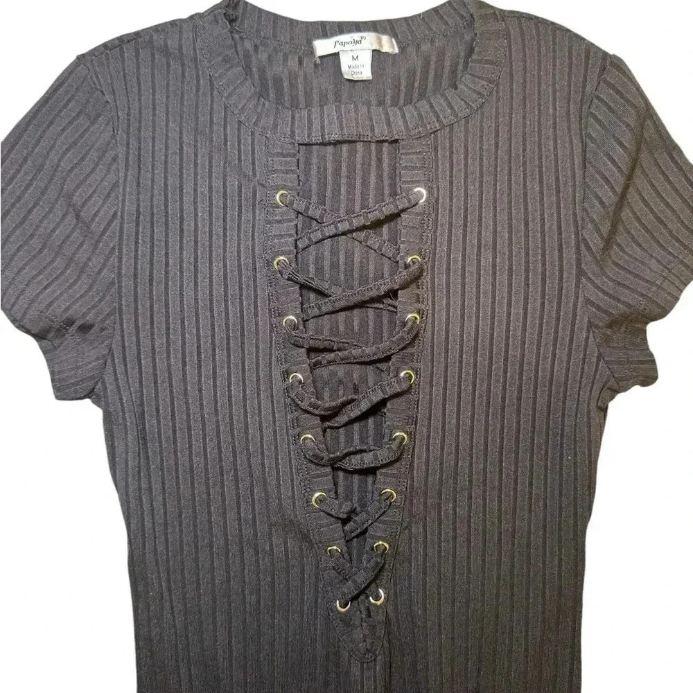 Black Ribboned Lace Up Detail Short Sleeve Bodysuit , Size medium - Picture 4 of 7